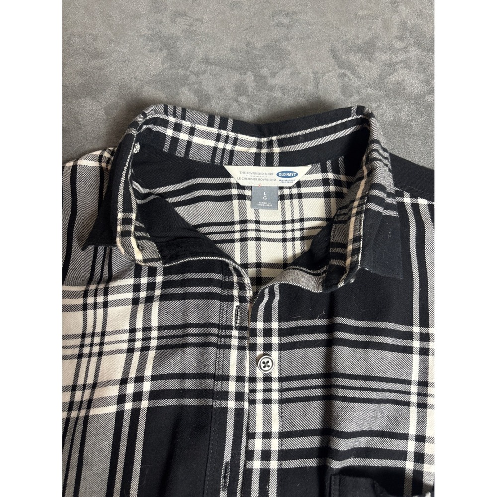 Old Navy Boyfriend Shirt Black White Plaid Flannel Button Down Size L